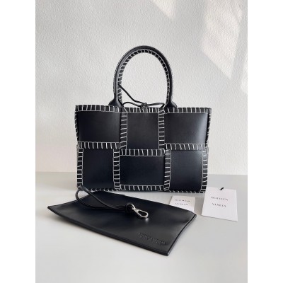 Bottega Veneta Black Arco Small Tote with White Overlock Stitching LDBS243838