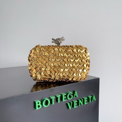 Bottega Veneta Knot Minaudiere Clutch in Gold Sequins Laminated Leather LDBS243992