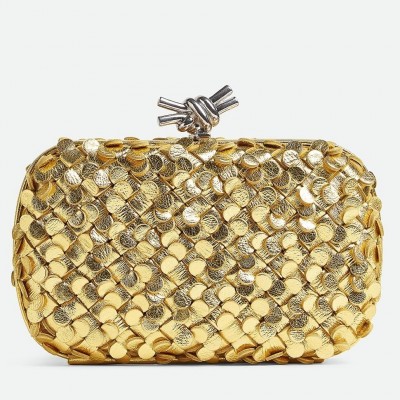 Bottega Veneta Knot Minaudiere Clutch in Gold Sequins Laminated Leather LDBS243992