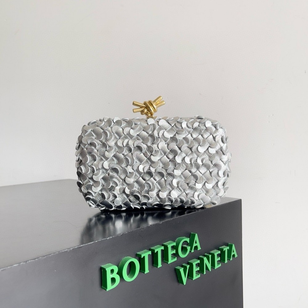 Bottega Veneta Knot Minaudiere Clutch in Silver Sequins Laminated Leather LDBS243995