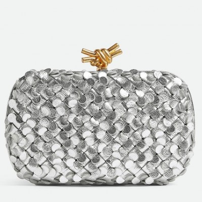 Bottega Veneta Knot Minaudiere Clutch in Silver Sequins Laminated Leather LDBS243995