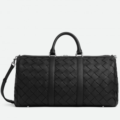 Bottega Veneta Medium Duffle Bag in Black Intrecciato Grained Calfskin LDBS244030