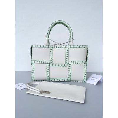 Bottega Veneta White Arco Small Tote with Green Overlock Stitching LDBS244279