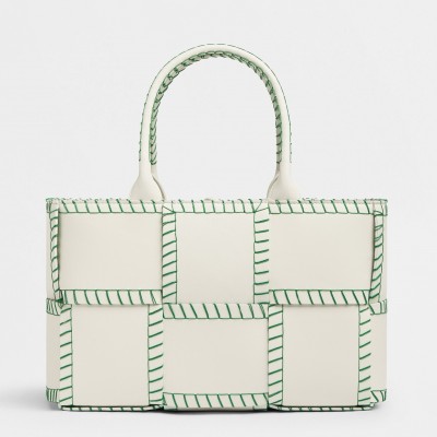 Bottega Veneta White Arco Small Tote with Green Overlock Stitching LDBS244279