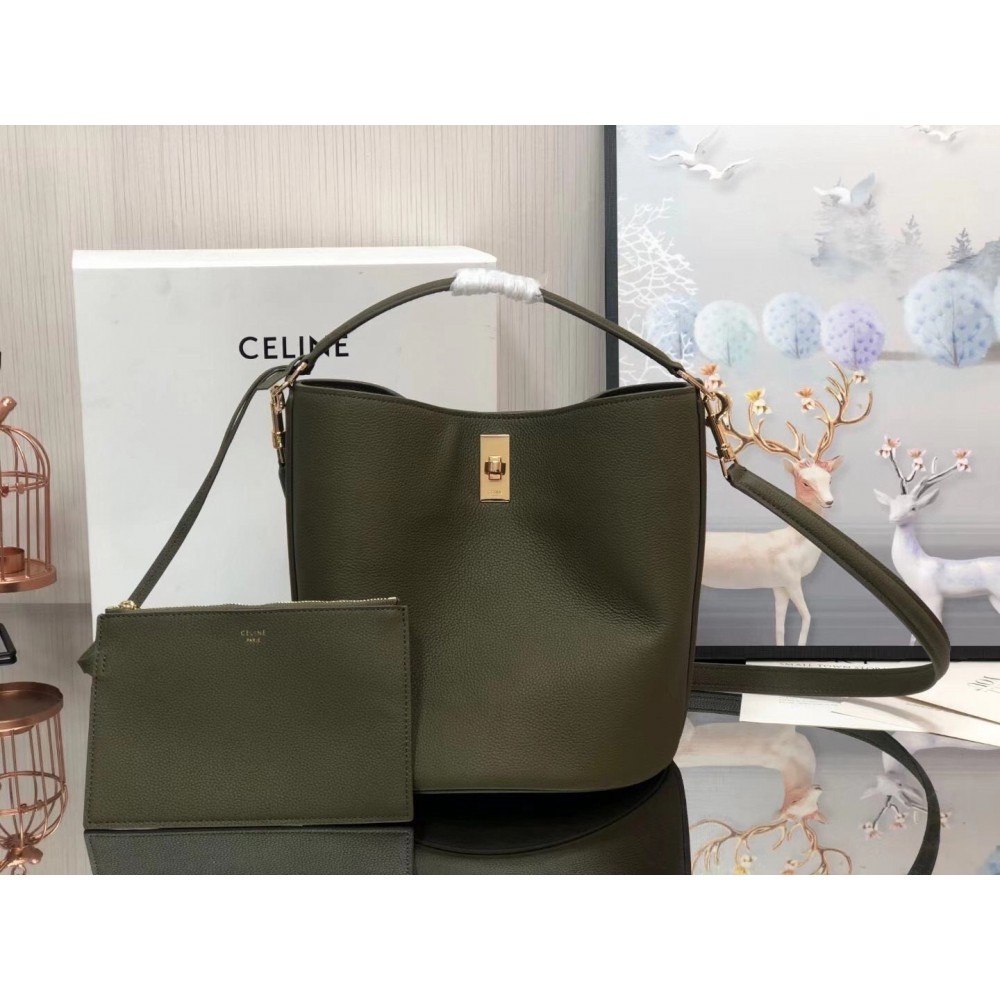 Celine Bucket 16 Bag In Dark Olive Grained Calfskin LDBS243504