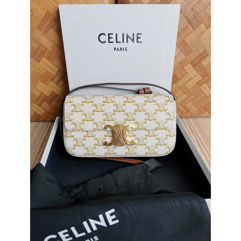 Celine Claude Shoulder Bag in White Triomphe Canvas LDBS243525