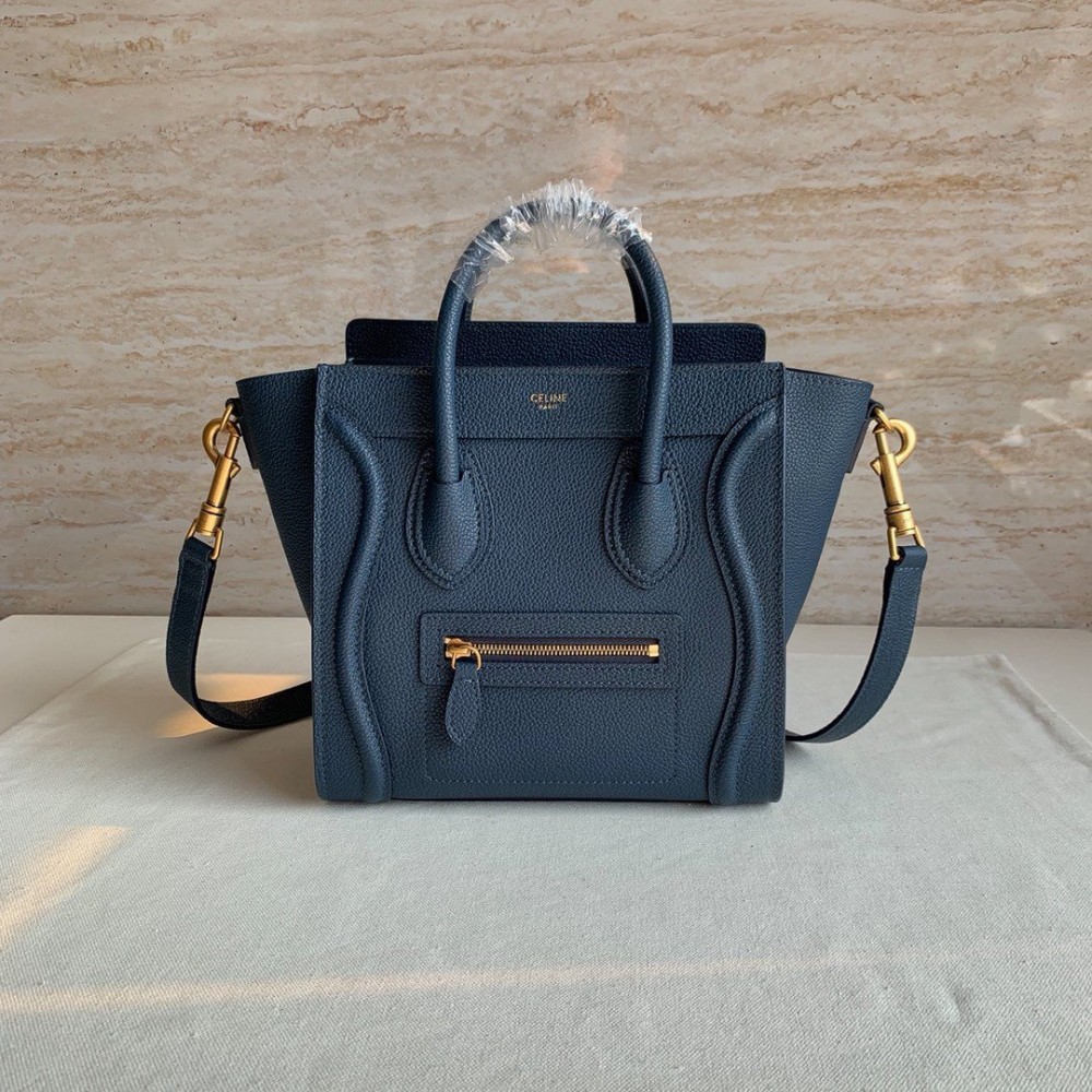 Celine Nano Luggage Tote Bag In Navy Blue Drummed Calfskin LDBS243587