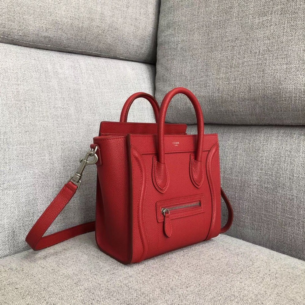 Celine Nano Luggage Tote Bag In Red Drummed Calfskin LDBS243597