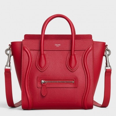 Celine Nano Luggage Tote Bag In Red Drummed Calfskin LDBS243597