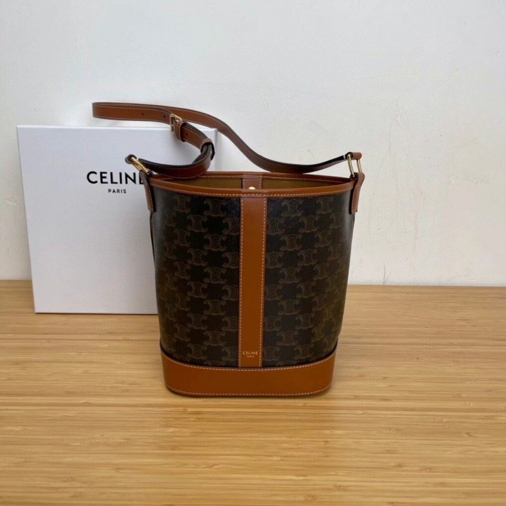 Celine Small Bucket Bag In Tan Triomphe Canvas LDBS243603