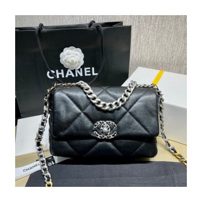 Chanel 19 Small Flap Bag in Black Lambskin Leather Silver Hardware AS1160 LDBS16032