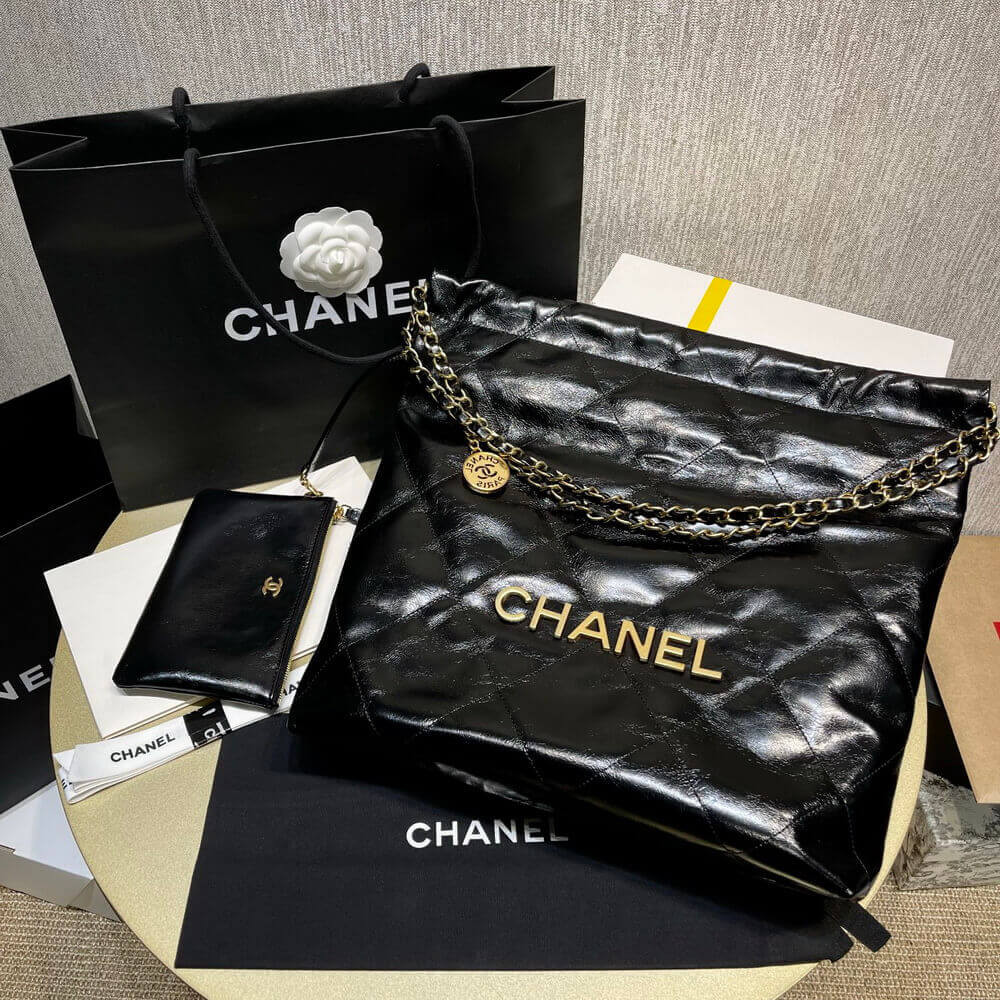 Chanel 22 Small Handbag Shiny Calfskin Black Gold AS3260 LDBS16009