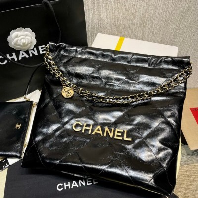 Chanel 22 Small Handbag Shiny Calfskin Black Gold AS3260 LDBS16009