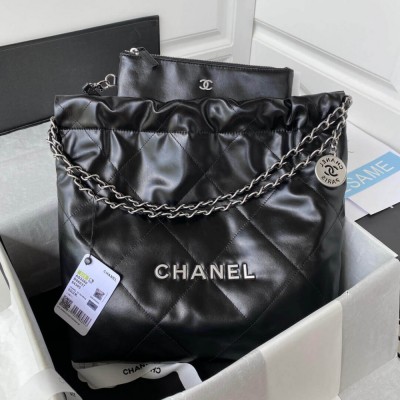 Chanel 22 Small Handbag Shiny Calfskin Black Silver AS3260 LDBS16010