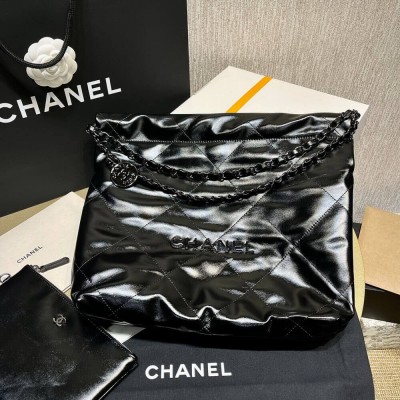 Chanel 22 Small Handbag Shiny Calfskin Black with Black logo AS3260 LDBS16011