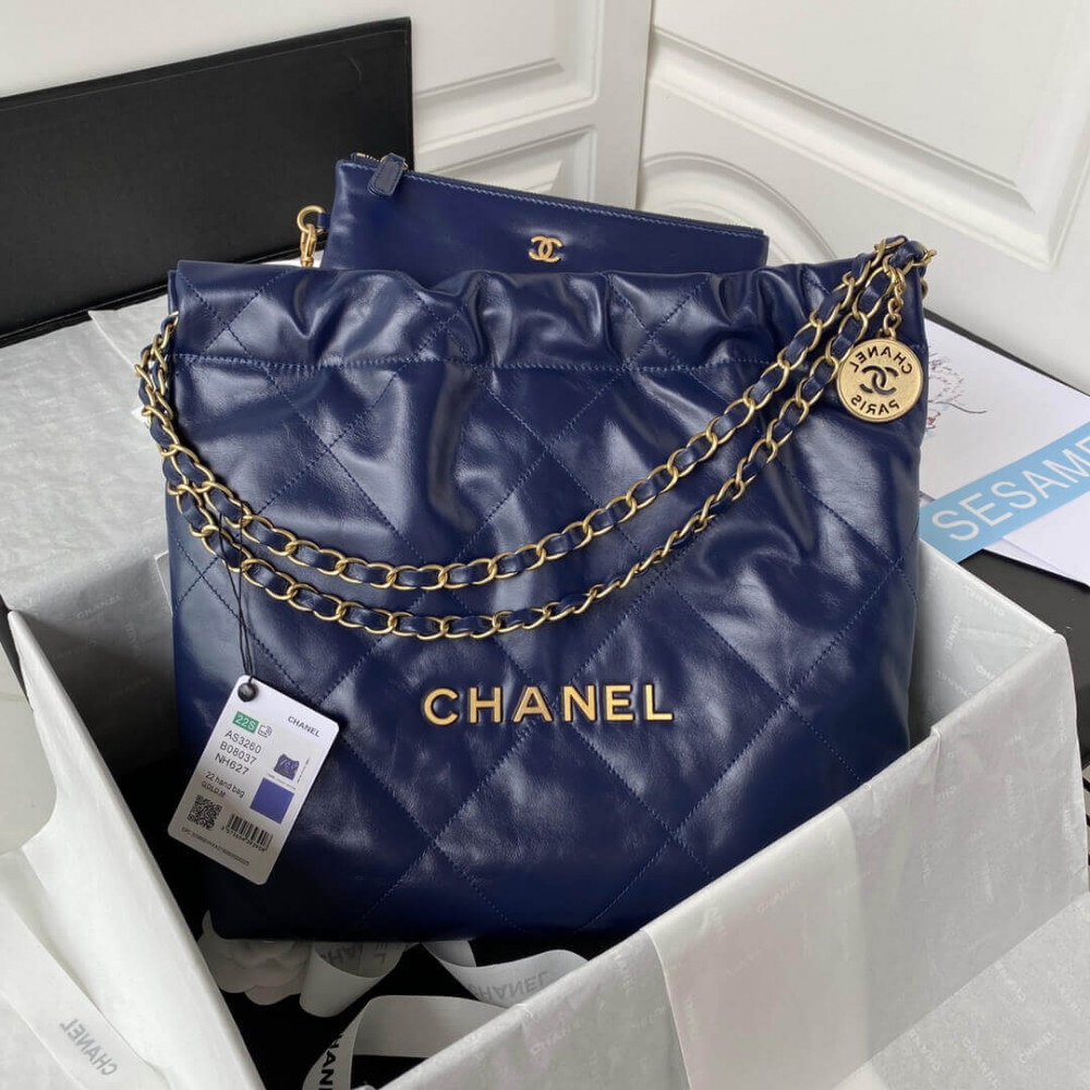 Chanel 22 Small Handbag Shiny Calfskin Blue Gold AS3260 LDBS16012