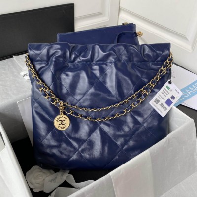 Chanel 22 Small Handbag Shiny Calfskin Blue Gold AS3260 LDBS16012