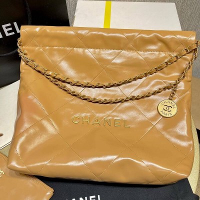 Chanel 22 Small Handbag Shiny Calfskin Camel Gold Metal AS3260 LDBS16013