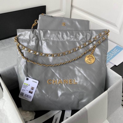 Chanel 22 Small Handbag Shiny Calfskin Grey With logo Gold AS3260 LDBS16014