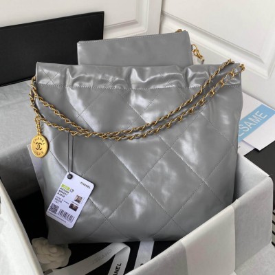 Chanel 22 Small Handbag Shiny Calfskin Grey With logo Gold AS3260 LDBS16014