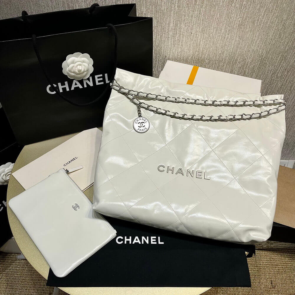 Chanel 22 Small Handbag Shiny Calfskin White Silver AS3260 LDBS16015