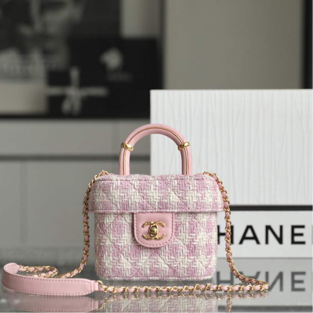 Chanel 23S Tweed Handle Crush Vanity Case Pink & White