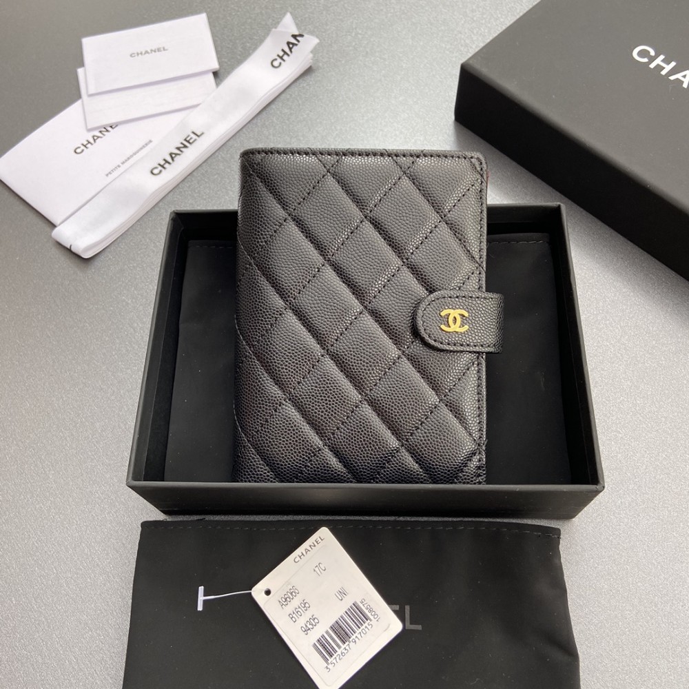 Chanel 24K series AP3824 passport holder caviar black gold buckle