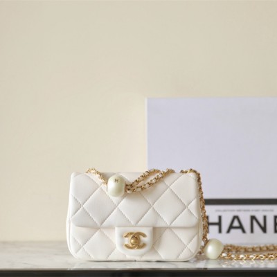 Chanel 24S mini square pearl flap bag white lambskin brushed gold hardware