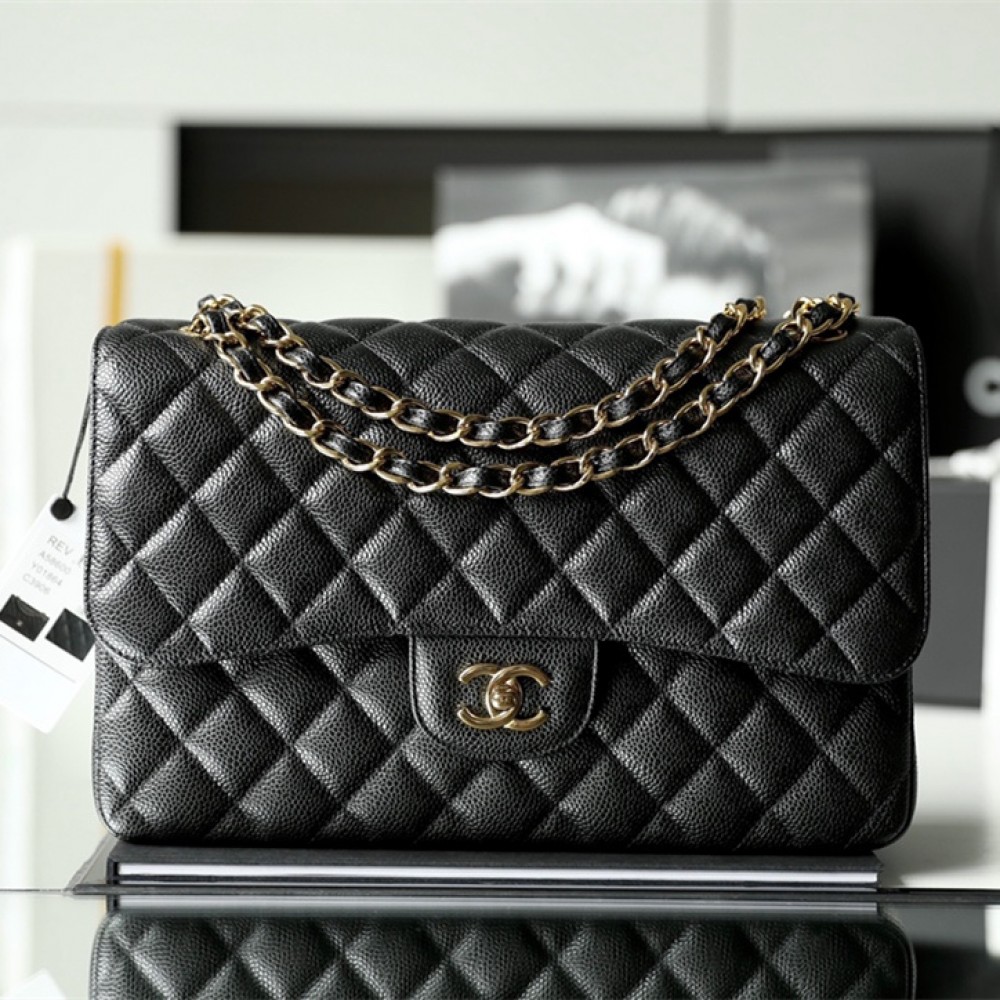 Chanel Classic Flap Bag Caviar Leather Large Black and Gold