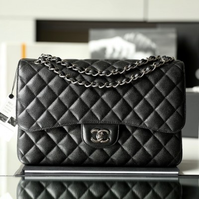 Chanel Classic Flap Bag Caviar Leather Large Black and Silver