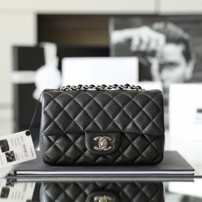 Chanel Flap Bag CF Series Caviar Leather Black and Silver with Chip