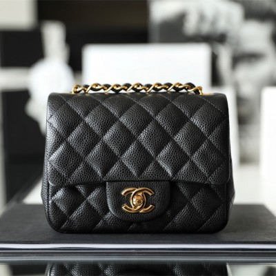 Chanel Flap Bag Caviar Leather Mini Black and Gold