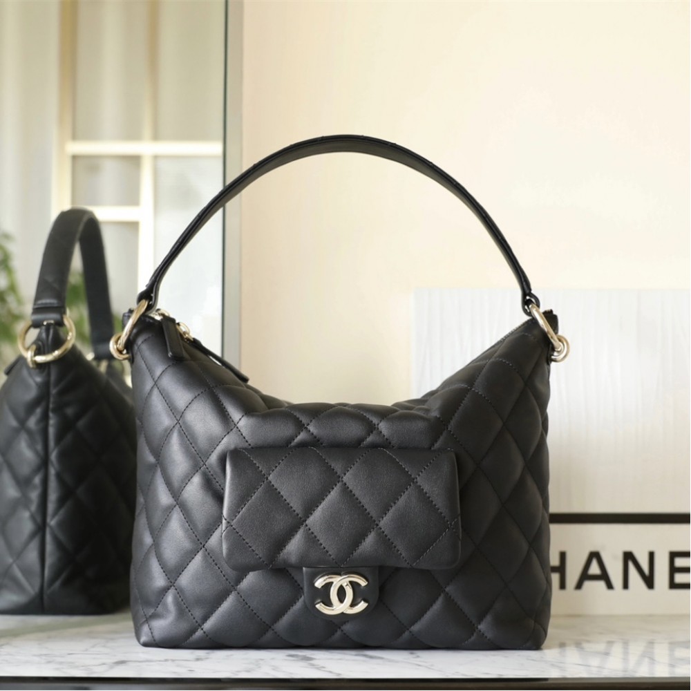 Chanel Hobo Shoulder Bag Black and Light Gold