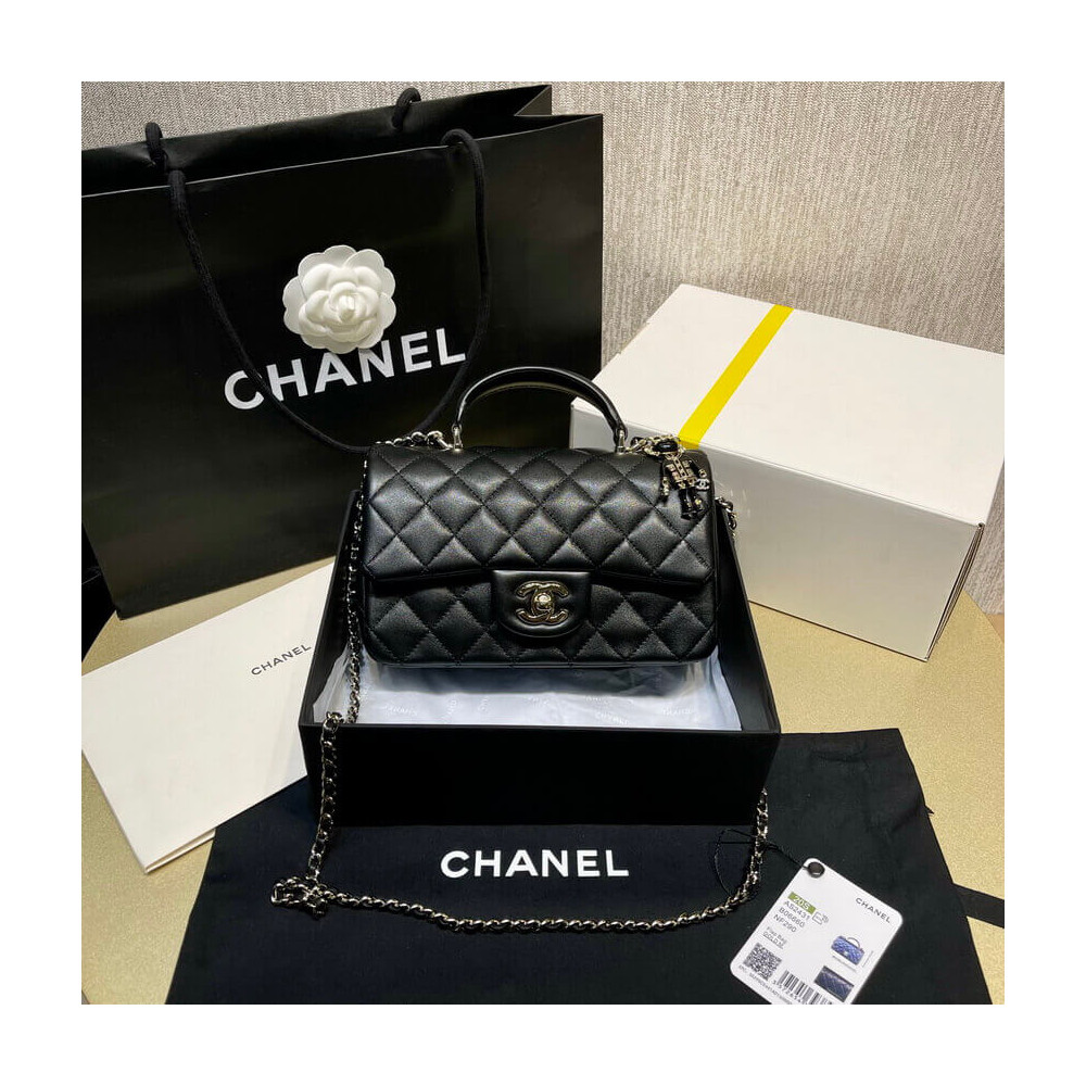 Chanel Lambskin Mini Flap Bag With Top Handle Black with Lion Charm AS2431 LDBS16101