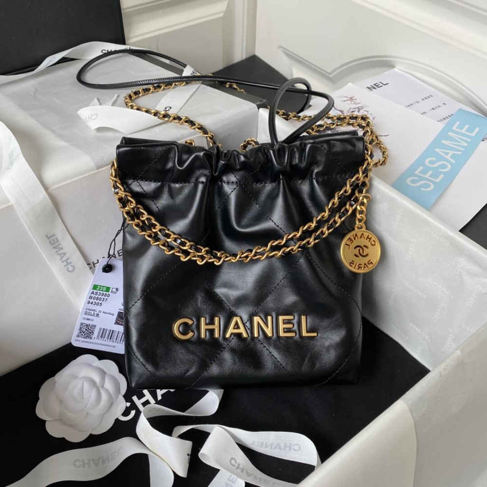 Chanel Mini 22 Handbag Shiny Calfskin & Gold Metal Black AS3980 LDBS16017