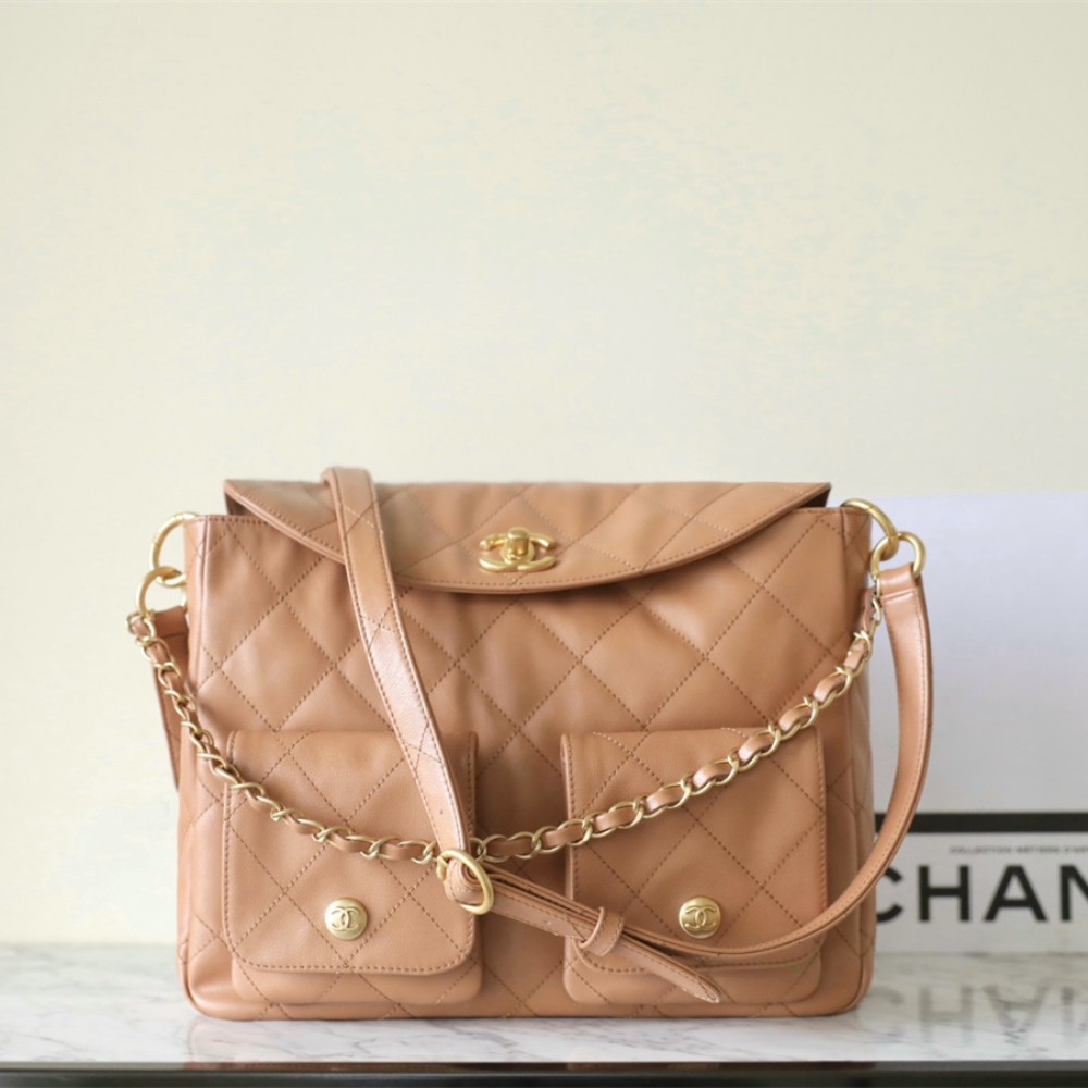 Chanel Shiny Calfskin Quilted Supple Twins Medium Hobo Bag Brown