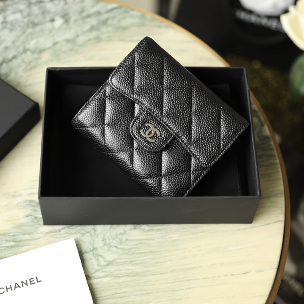 Chanel Short Wallet Black Silver Buckle