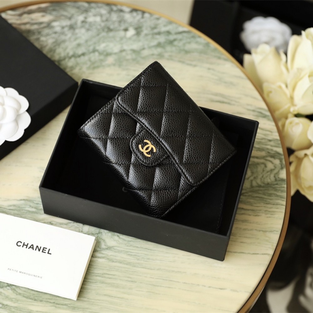 Chanel Short Wallet Caviar Leather Black and Gold