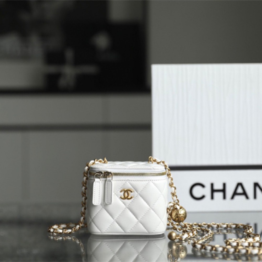 Chanel lambskin cosmetic bag white