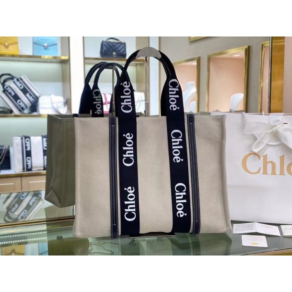 Chloe Large Woody Tote Bag in Canvas with Black Leather Strips LDBS243638