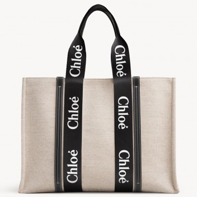 Chloe Large Woody Tote Bag in Canvas with Black Leather Strips LDBS243638