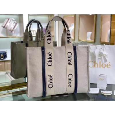 Chloe Large Woody Tote Bag in Canvas with Blue Leather Strips LDBS243641