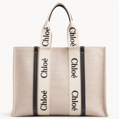 Chloe Large Woody Tote Bag in Canvas with Blue Leather Strips LDBS243641