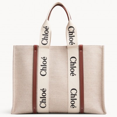 Chloe Large Woody Tote Bag in Canvas with Brown Leather Strips LDBS243648