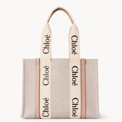 Chloe Medium Woody Tote Bag in Canvas with Beige Leather Strips LDBS243682