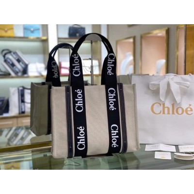 Chloe Medium Woody Tote Bag in Canvas with Black Leather Strips LDBS243683