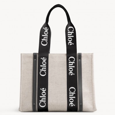 Chloe Medium Woody Tote Bag in Canvas with Black Leather Strips LDBS243683