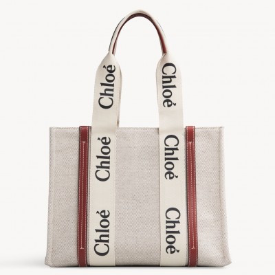 Chloe Medium Woody Tote Bag in Canvas with Brown Leather Strips LDBS243691