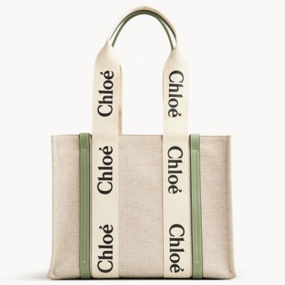 Chloe Medium Woody Tote Bag in Canvas with Green Leather Strips LDBS243698