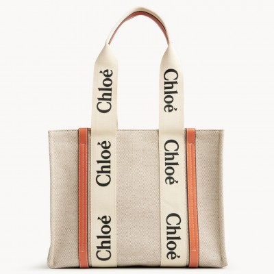 Chloe Medium Woody Tote Bag in Canvas with Tan Leather Strips LDBS243705